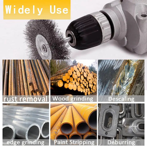 3 Pack Brass Coated Wire Wheel Brush Kit For Drill With 1/4 Inch Shank, Crimped Cup Brush showing multiple uses on metal and wood