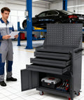 Mechanic in workshop with Beefy On Wheels Tool Box Organizer with drawers open, graphite grey steel, auto repair cart.