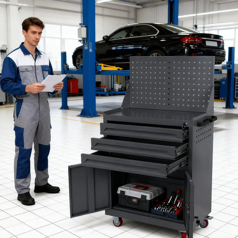 Mechanic in workshop with Beefy On Wheels Tool Box Organizer with drawers open, graphite grey steel, auto repair cart.