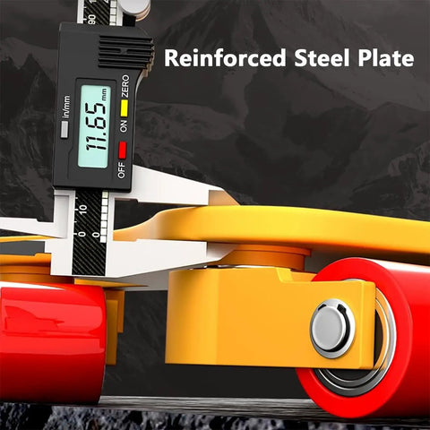 Heavy Duty Machine Mover Dolly With 360 Degree Swivel Equipment Skates For Hauling Furniture and Kickass Industrial Loads showing reinforced steel plate measurement.