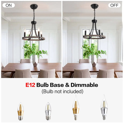 Black Farmhouse Chandelier With 4 Lights Round Wagon Wheel Pendant Fixture Delivering Rustic Industrial Vibe Adjustable Height Perfect For Dining Room Foyer Living Room And Entryway