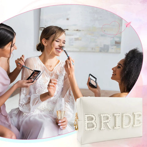Bride Patch Makeup Bag With White Pearl Rhinestones For Women shown with bride applying makeup, white PU leather with BRIDE patch