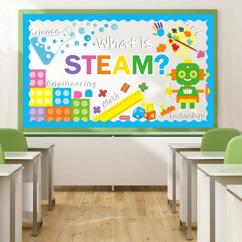Back To School Bulletin Board Decorations Set For Classrooms Includes 16 Borders 5 Adhesive Dots And STEAM Science Technology Engineering Art And Math Cutouts A Real Must Have For Teachers And Students Decor with colorful cutouts on classroom wall