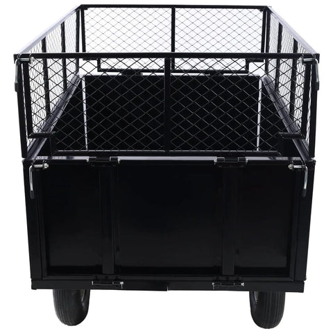 Front view of Heavy Duty Steel Dump Cart For Lawn And Garden Haul 750 Lb Capacity 22 Cubic Feet Tow Behind Utility Trailer with mesh sides