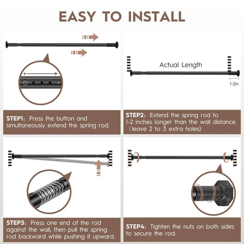 Installation guide for No Drill Tension Curtain Rod Set 51 To 168 Inches For Indoor Or Outdoor Use Extra Long Curtain Rod
