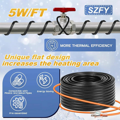 Heavy Duty Water Pipe Heat Tape for Freeze Protection, Roof and Gutter Deicing Cable coiled near metal pipe, 120V 5W/ft.