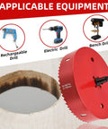Six And One Eighth Inch Hole Saw Kit For Wood And Plywood With HSS Bi Metal Cutter And Pilot Drill Bit showing red bi-metal cutter