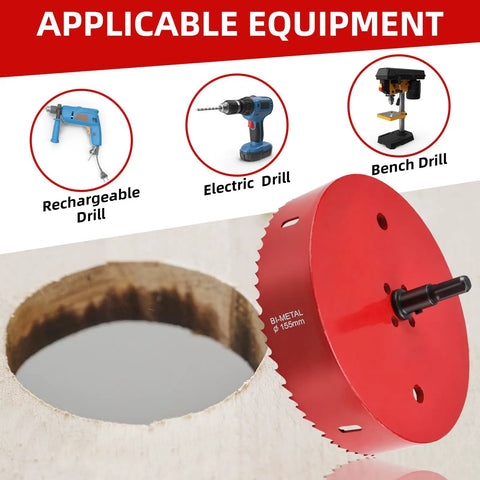 Six And One Eighth Inch Hole Saw Kit For Wood And Plywood With HSS Bi Metal Cutter And Pilot Drill Bit showing red bi-metal cutter