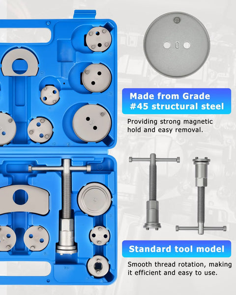 DAYUAN disc brake caliper piston rewind tool kit in blue plastic case with metal discs and screw press