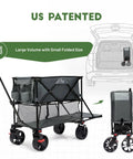 400L Large Capacity Folding Wagon With Brakes, 54 Inch Extender, side and folded view, black frame, all-terrain wheels.