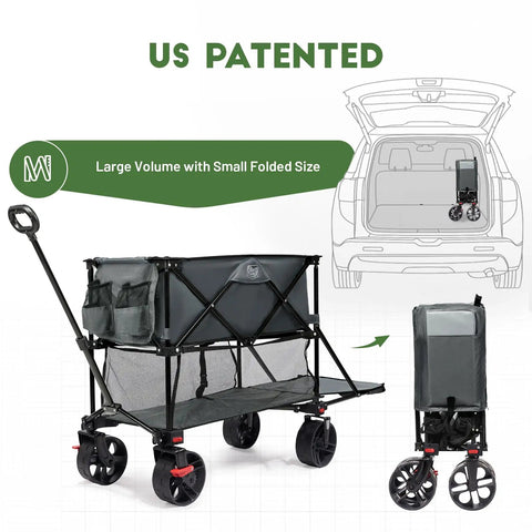 400L Large Capacity Folding Wagon With Brakes, 54 Inch Extender, side and folded view, black frame, all-terrain wheels.