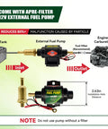 Diagram showing Diesel Specific Micro Electric Fuel Pump, 12 Volt, 35 GPH at 4 to 7 PSI with universal inlet and outlet connections.