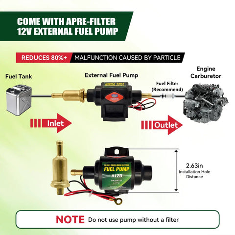 Diagram showing Diesel Specific Micro Electric Fuel Pump, 12 Volt, 35 GPH at 4 to 7 PSI with universal inlet and outlet connections.