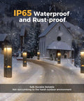Hella Bright Black Pathway Lights Outdoor Landscape Bollard Lamps illuminating a snowy path, showcasing waterproof design and warm glow.