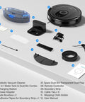 Robot Vacuum And Mop Combo With 5000Pa Suction, 150 Minute Runtime, App And Remote Control, showing components and accessories