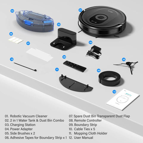 Robot Vacuum And Mop Combo With 5000Pa Suction, 150 Minute Runtime, App And Remote Control, showing components and accessories