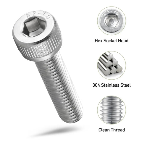 Grease Monkey Approved 304 Stainless Steel M8 Hex Socket Head Cap Screw Bolts 25 Pack with full threads and hex head.
