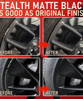 Before and after images of rims using Hassle Free Wheel Scratch And Curb Rash Repair Kit Matte Black Rim Paint Pen.