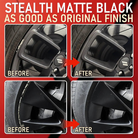 Before and after images of rims using Hassle Free Wheel Scratch And Curb Rash Repair Kit Matte Black Rim Paint Pen.