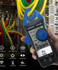 Clamp Meter Digital Multimeter For AC DC Voltage And Current, handheld with backlit display, measuring live wires in panel