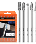 Sweet Spot Five Piece Long Carbide Burr Set With Quarter Inch Shanks For Die Grinders Cutting And Deburring Metals Aluminum Wood Plastic And Nailing Every Custom Build showing five carbide burrs in a display case.
