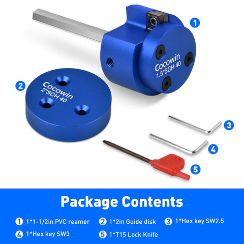Easy Grip PVC Pipe Reamer With Aluminum Head Fitting Saver And Socket Saver For Water Drain And Vent Lines In One And A Half Inch And Two Inch Sizes DIY Friendly Pro Grade Plumbing Tool For Quick Clean Cuts with included accessories.