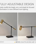 Lit 7W LED Desk Lamp With Qi Wireless Charging Pad And USB Port, adjustable height, black with brass accents, side view.