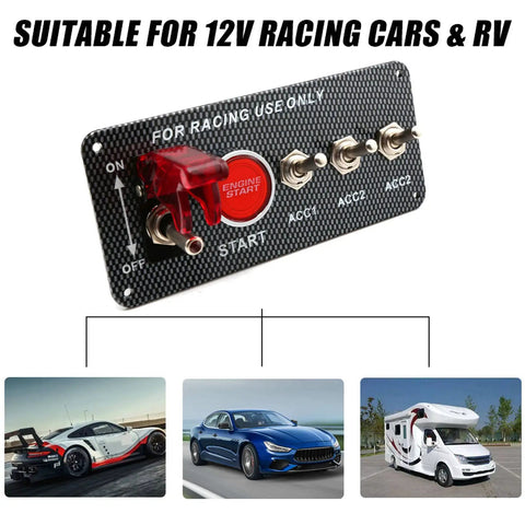 12V DC 5 In 1 Car Ignition Switch Panel Kit With Engine Start Push Button LED Toggle Switches Carbon Fiber Finish For Racing Cars Trucks And RVs Includes Relay For Quick And Smooth Start