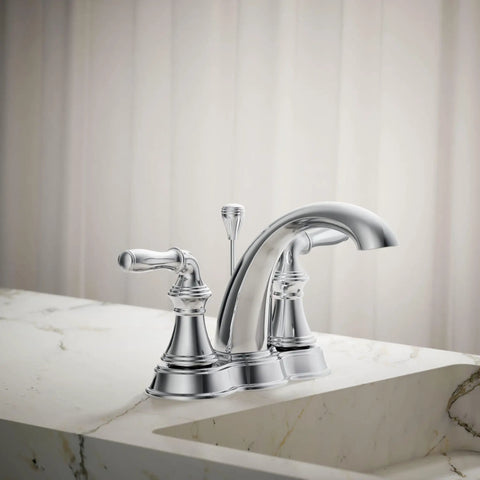Devonshire Centerset Bathroom Faucet 4-Inch 2-Handle With Pop-Up Drain, 1.2 GPM, 3-Hole Installation, Polished Chrome on marble sink