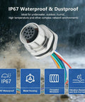 M12 12 Pin A Code Female Connector Cable 0.7 Foot IP67 Waterproof Aviation Sensor Socket with metal housing on wet surface