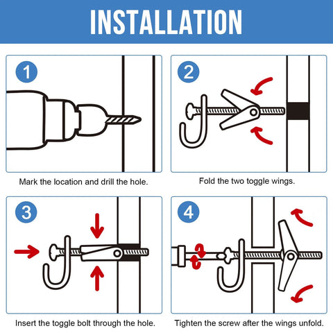 Installation guide showing steps to use Three Eighths Inch Toggle Bolts Set Of Twelve Heavy Duty Drywall Anchors for hollow walls.