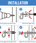 Installation steps for Three Sixteenth Inch By Five Inch Toggle Bolts Twelve Pieces For Drywall Heavy Duty Butterfly Anchors
