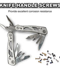 KickAss T6 Torx Pocket Clip Screws For Folding Knives Black Oxide Finish 2-56UNF Threads set beside multi-tool and various screws.