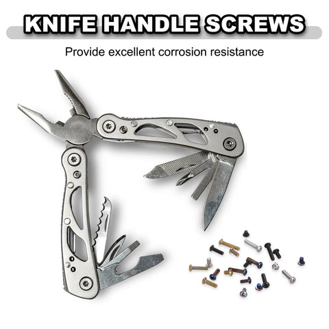 KickAss T6 Torx Pocket Clip Screws For Folding Knives Black Oxide Finish 2-56UNF Threads set beside multi-tool and various screws.