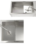 Pro Chef Must Have Heavy Duty Commercial Fryer Oil Filter Cart showcasing stainless steel filtration section with drain and pump.