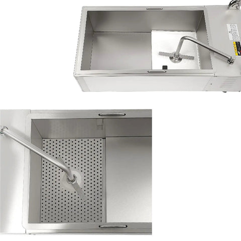 Pro Chef Must Have Heavy Duty Commercial Fryer Oil Filter Cart showcasing stainless steel filtration section with drain and pump.