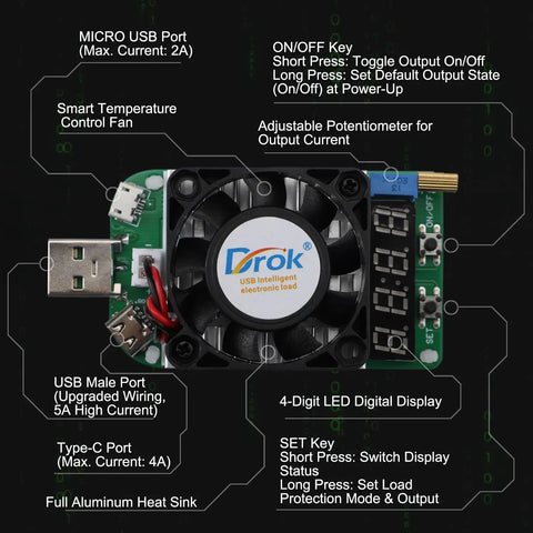 USB Load Tester For Real World Testing No Fluff Electronic Load Resistor Module 25W LD25 USB Type C Interface Discharge Adjustable Current 0.25A To 4A With Smart Temperature Control And Cooling Fan, board with display
