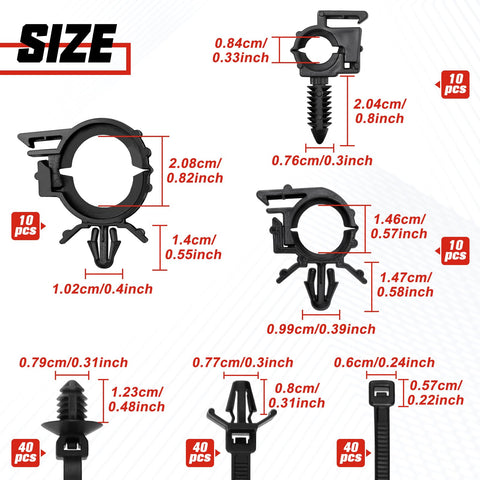 Ultimate 150 Pcs Nylon Self Locking Cable Ties And 30 Wire Harness Clips Kit size diagram