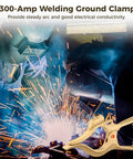 Beefy 300 Amp Ground Clamp for Welding Machines, showcasing stable arc performance and brass construction, in use with sparks flying.