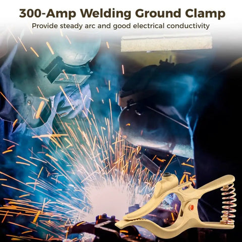 Beefy 300 Amp Ground Clamp for Welding Machines, showcasing stable arc performance and brass construction, in use with sparks flying.