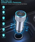 Two Pack Dual Port USB C Fast Car Charger With Nylon Braided USB C To USB C Cables in car, highlighting safety features.