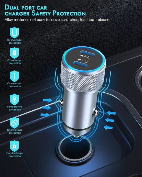 Two Pack Dual Port USB C Fast Car Charger With Nylon Braided USB C To USB C Cables in car, highlighting safety features.