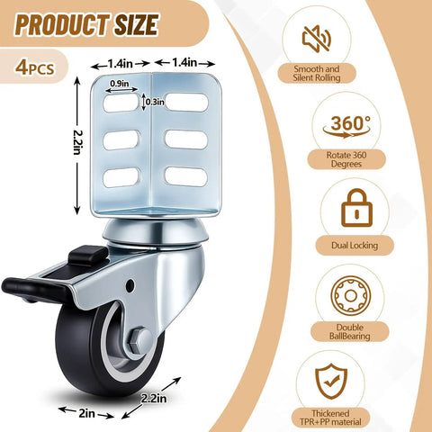 Heavy Duty Storage Rack Caster Wheels Badass 2 Inch Rollers With Secure Top Brakes Fits Boltless Shelving Units shown with dimensions.