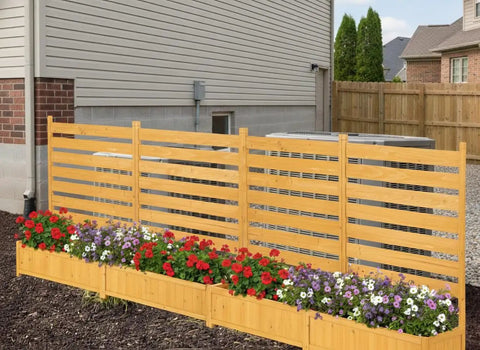 Outdoor air conditioner fence privacy screen with planter box for trash cans and pool equipment enclosure, natural fir wood.