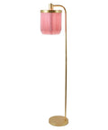 Pink Fringe Shade Floor Lamp In Gold Leaf Finish, Down Bridge Steel Lamp With Three Tier Fringe Shade, Classic Boudoir Style