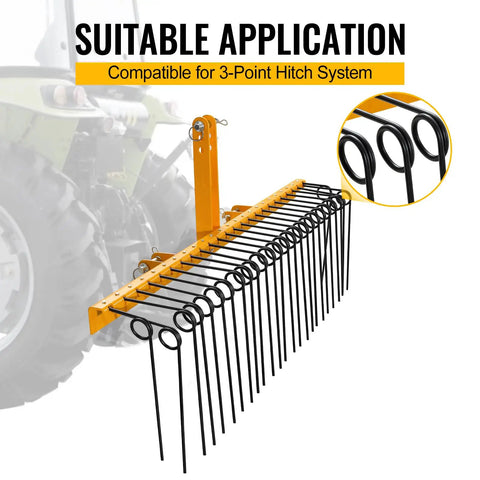 60 Inch Heavy Duty Powder Coated Steel Pine Straw Rake With 26 Spring Steel Tines, Landscape Yard Debris Rake Attaches to Tractor