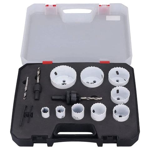Top Tier 15 Piece Hole Saw Kit With Twist Drills For Wood And Metal High Speed Steel Cutting Tools Hex Wrenches Plus Guide And Storage Box open case