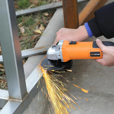 Powerful 6 Amp Angle Grinder Kit 4-1/2 Inch 11,000 RPM Metal Cutter grinding metal with sparks visible.