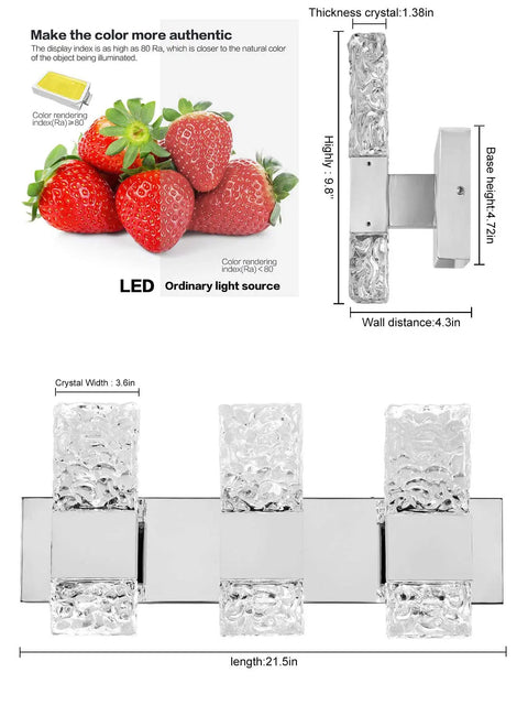 Gold Wall Sconce Set Of Two LED Bathroom Vanity Lights With Bubble Crystal, 8-Sided Faceted Design, product dimensions and features