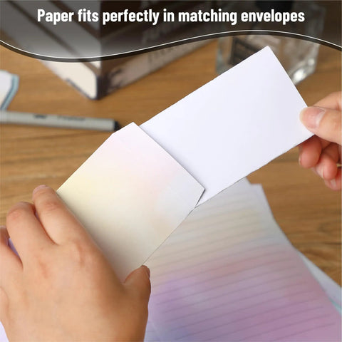 Hands placing Chic Letter Paper Set With Envelopes 8.18 By 5.5 Inch Size 30 Letter Sheets And 18 Envelopes into an envelope
